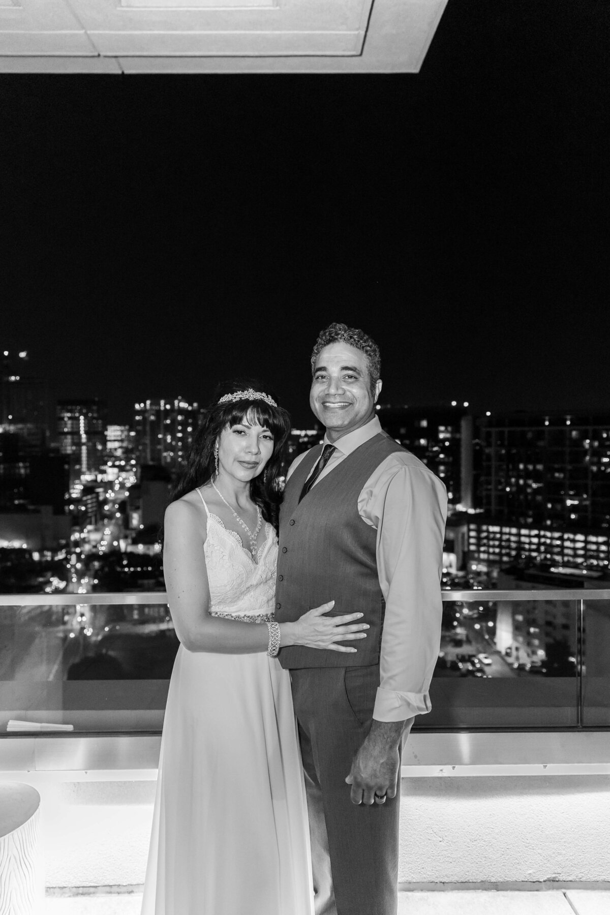 Bride and groom at nightime at wedding reception at The Aertson hotel, Nashville