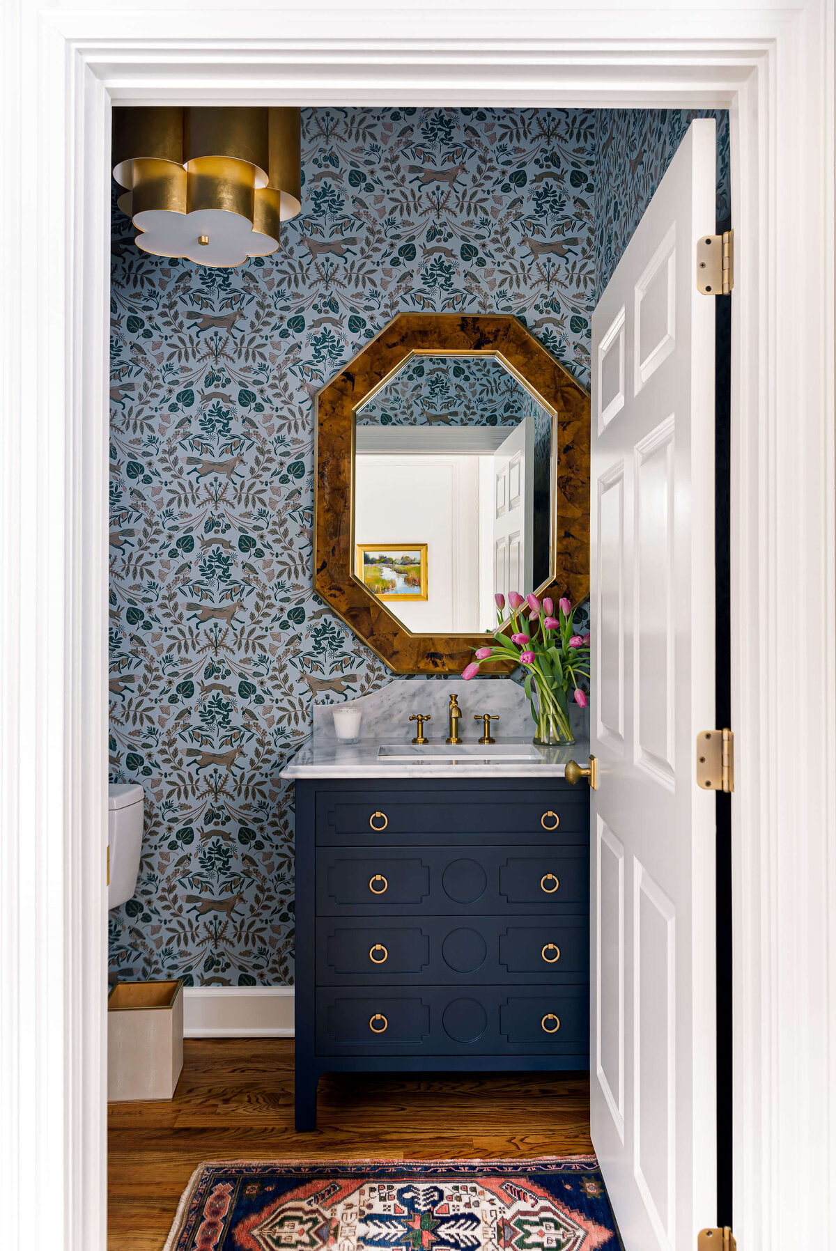 sweet southern home windmill blue vanity wallpaper bathroom