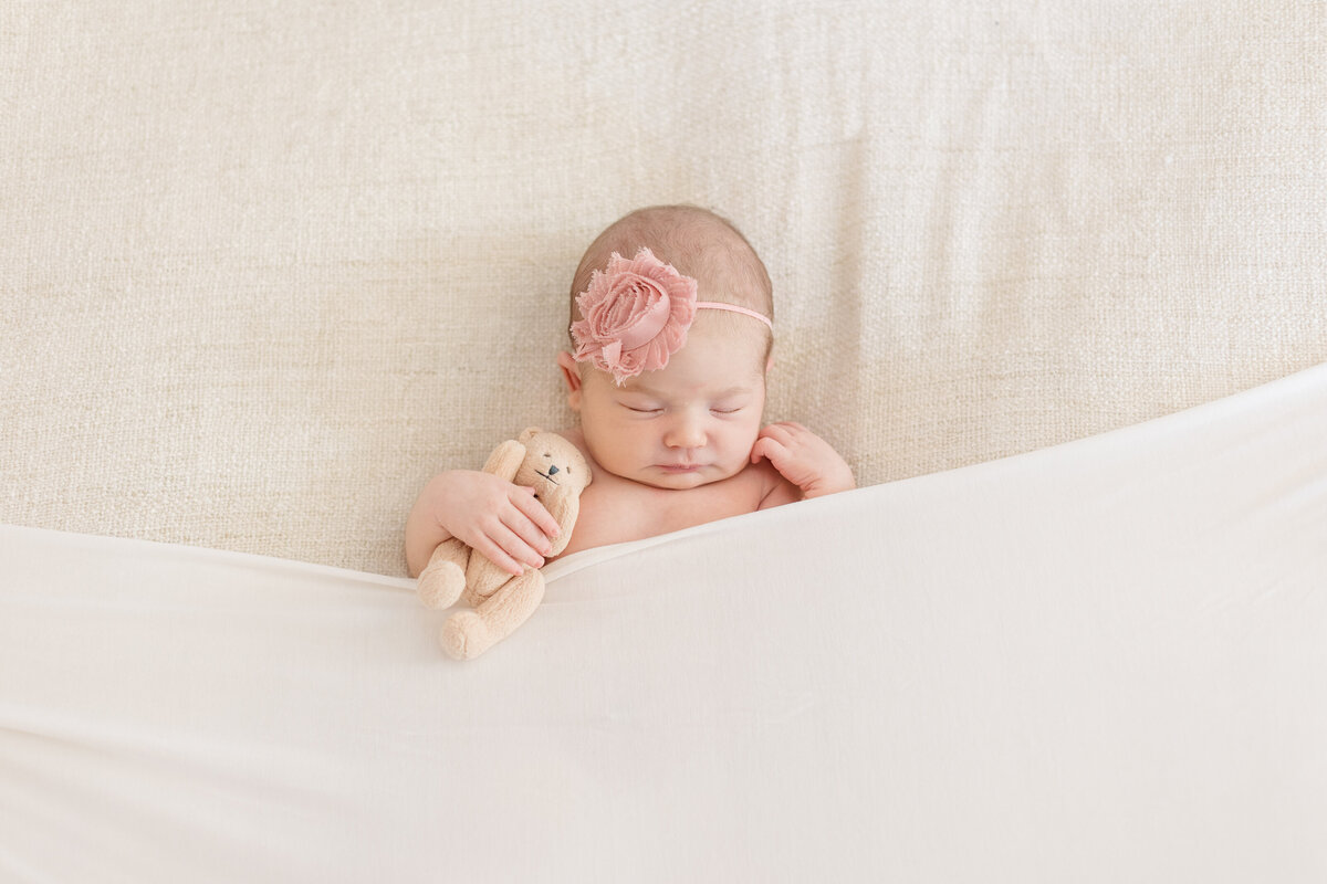 A baby laying under a blanket holding a small stuffed animal