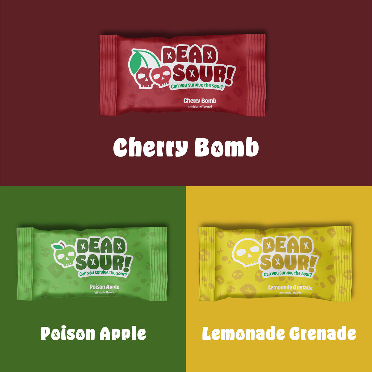 Three Dead Sour candies in the flavors cherry bomb, lemonade grenade, and poison apple each displayed on their corresponding color backgrounds of red, yellow and green respectively.