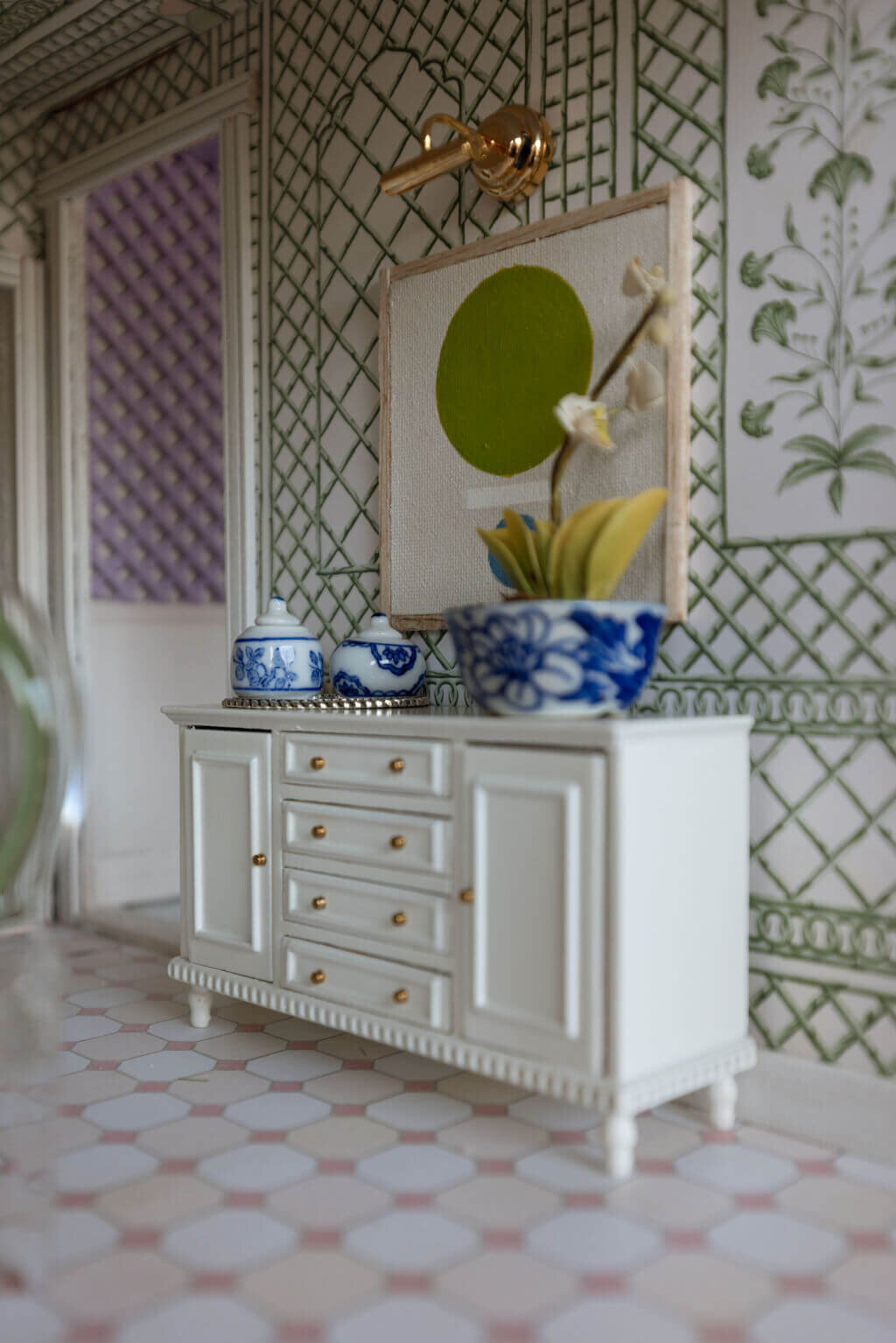 oyster creek studios petite palm beach dollhouse white vanity with lattice green wallpaper