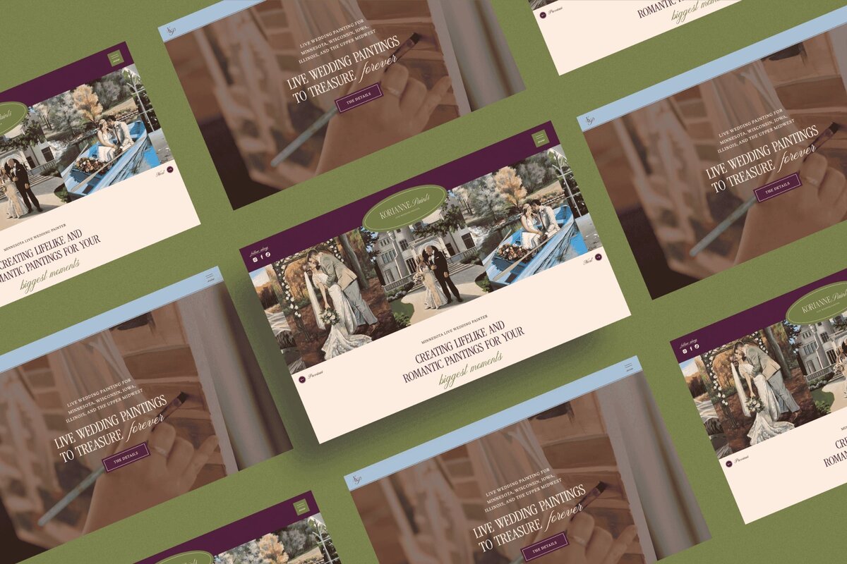 A professional mockup showing the full desktop and mobile views of the Korianne Paints website. This design reflects the elevated, luxe feel of her live wedding painting services and her efficient client inquiry process.