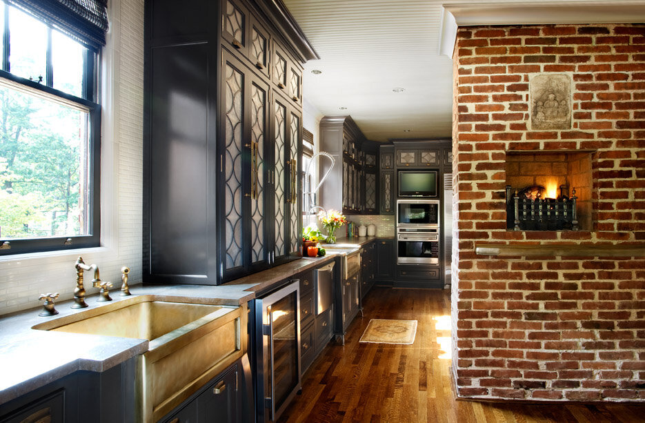 Panageries Residential Interior Design | Tudor Revival Estate Kitchen with Built In Microwave, Traditional Oven and Pizza Oven Seamlessly Connected to Butlers Pantry Area