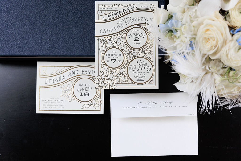 Sweet 16 gold, white, blue, & black Gatsby invitation suite by Minted