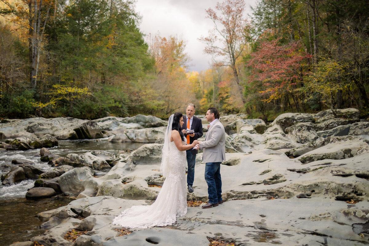 Smoky Mountain elopement ceremony at Greenbrier with bride and groom holdin ghands and looking to each other as they are married by Tennessee wedding officiant