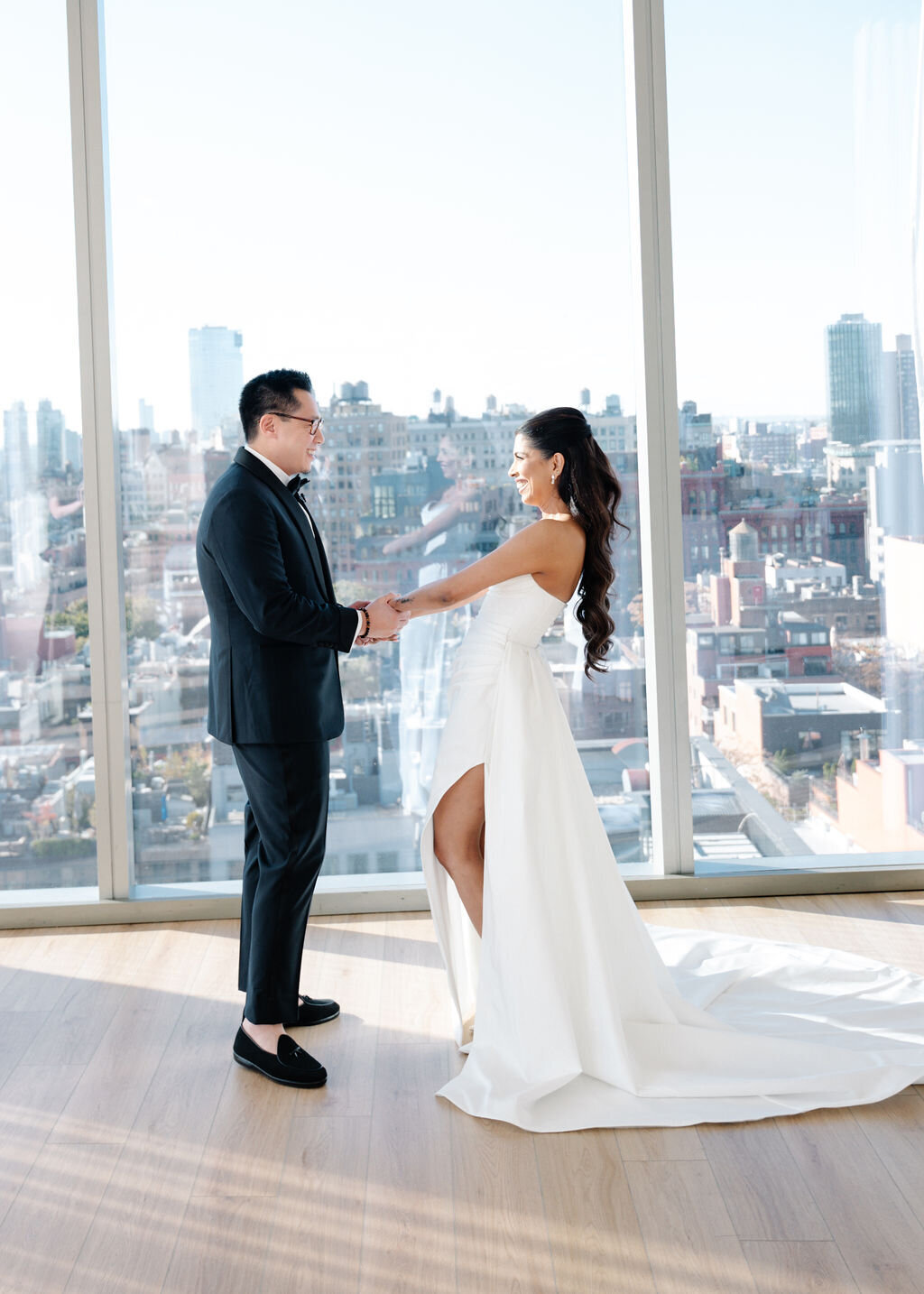 Bride and groom first look at Public Hotel NYC
