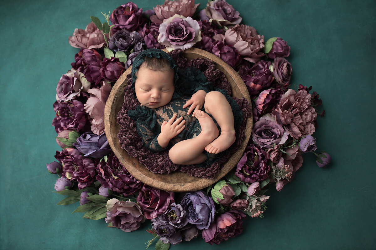 Newborn baby peacefully sleeping in a wooden bowl, surrounded by rich purple and plum flowers on a deep green backdrop. The baby wears a dark green lace romper and bonnet in this elegant fine art newborn portrait created in studio at Lindsay Walden Photography.