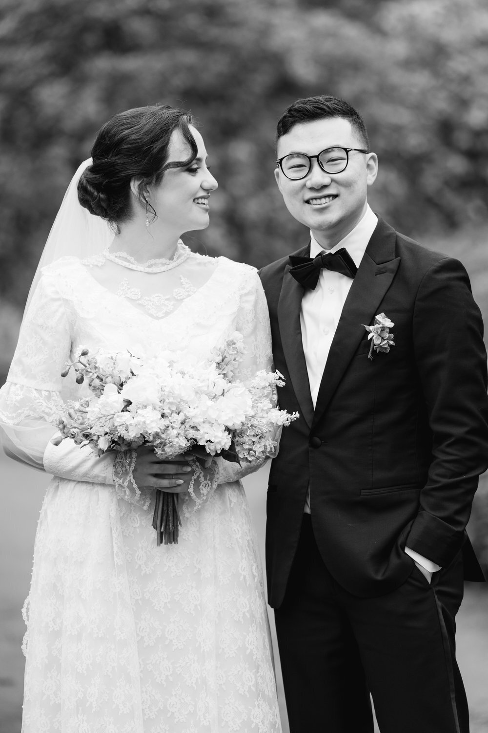 bride and groom garden portrait in black and white