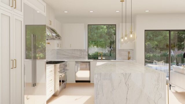 Modern Kitchen with Quartzite Waterfall Island