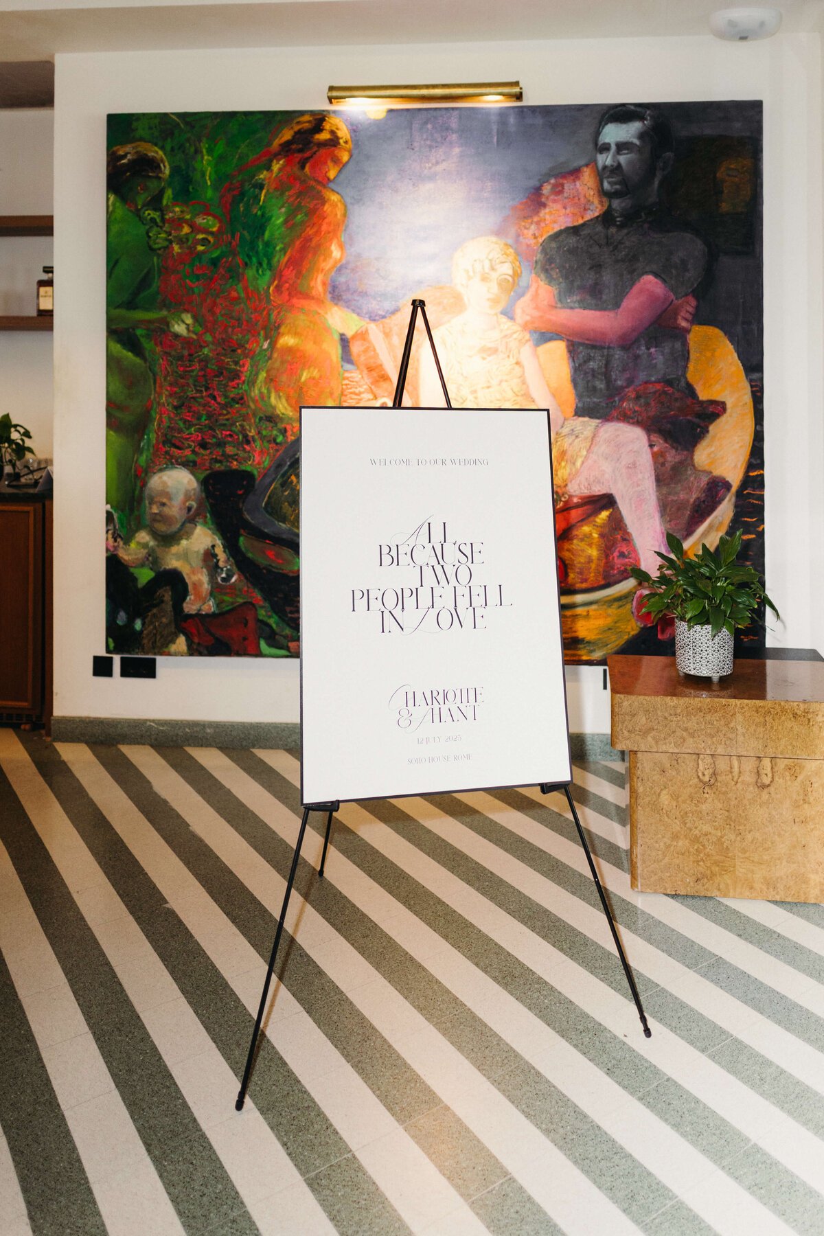 Welcome sign for Charlotte and Shanti’s wedding at Soho House Rome