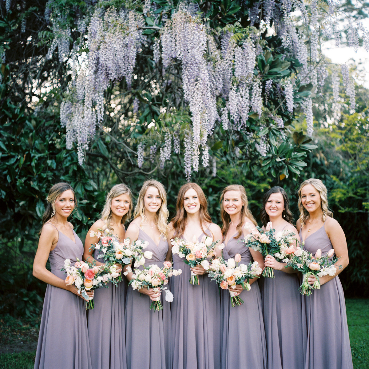 Spring Wedding Party with Lavender color in Charleston at Magnolia Plantation. Photo Philip Casey Photo