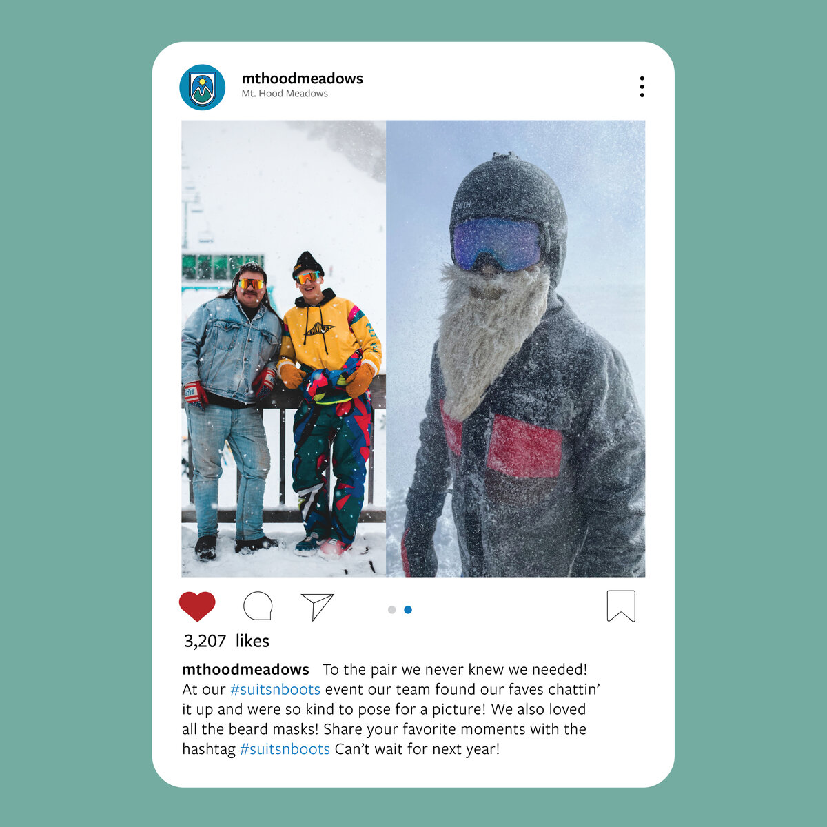 Mockup instagram post that show some would be favorite outfits from the suits 'n boots event. Left: Man in bight vintage ski suit and man with long mullet dressed in dead to toe denim taking a picture together Right: Person in snow gear wearing a face mask that looks like a beard