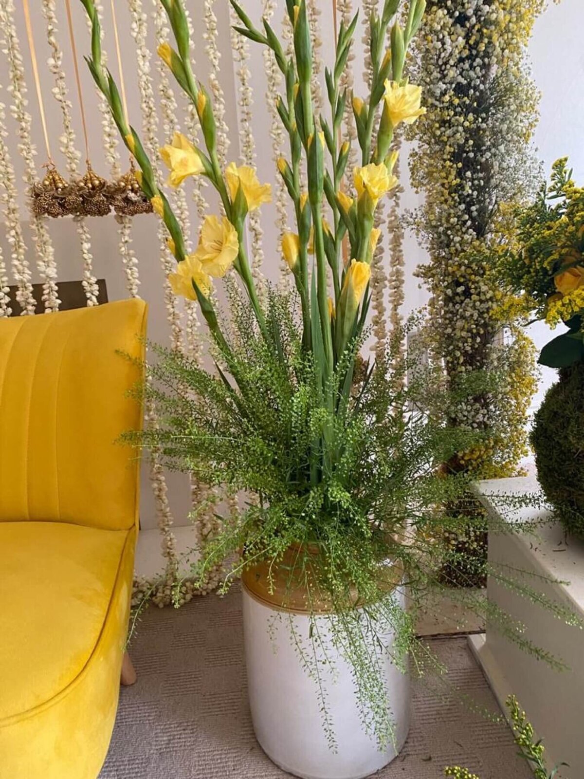 Yellow Lily's in a large white and gold vase