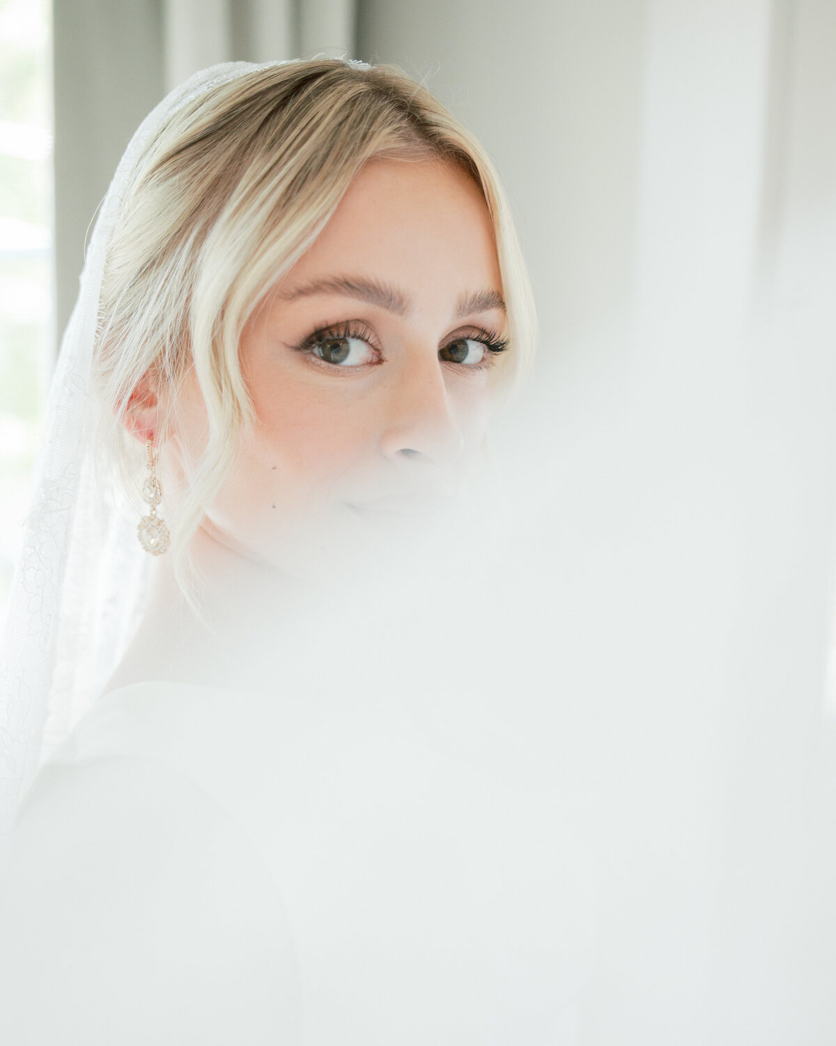 Close-up of bride's eyes and lace veil at a Dayton wedding, photographed by Philadelphia wedding photographer.