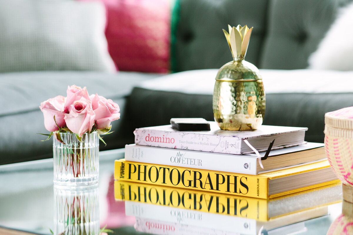 Coffee table styling ideas, with brass pineapple