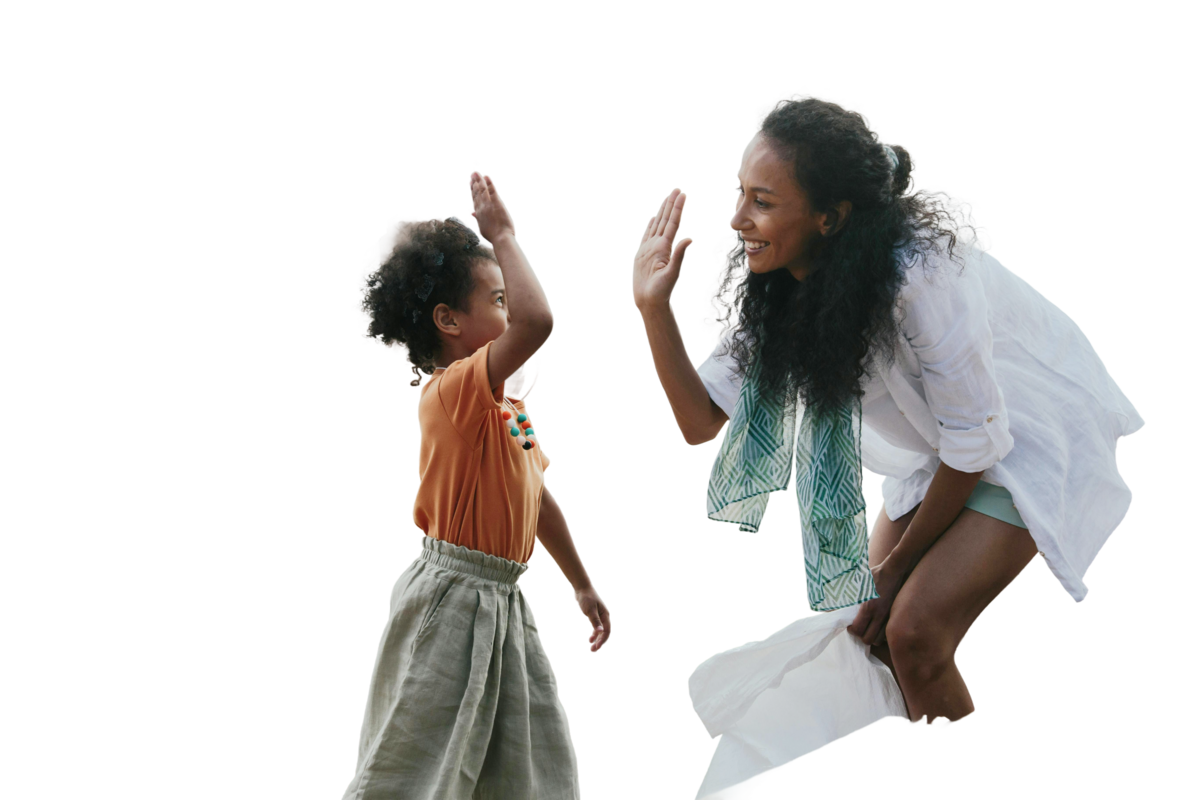 Woman and child smiling and high-fiving