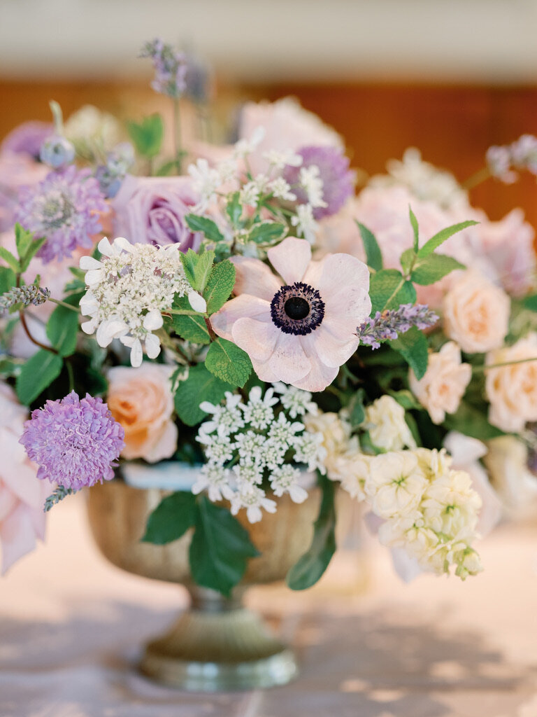 spring flowers, anemone, lavender, blush, gold accents