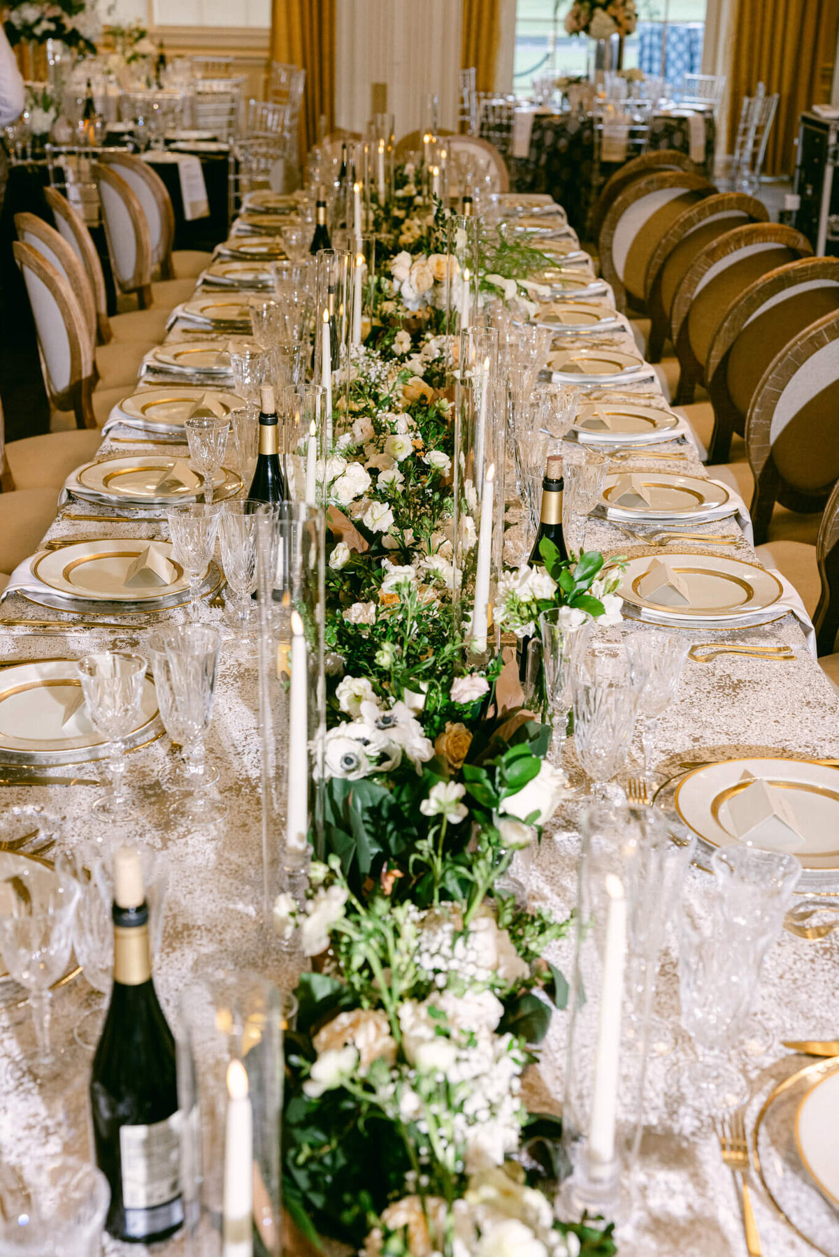 A wedding day photo showing off the tables in the reception hall for the wedding