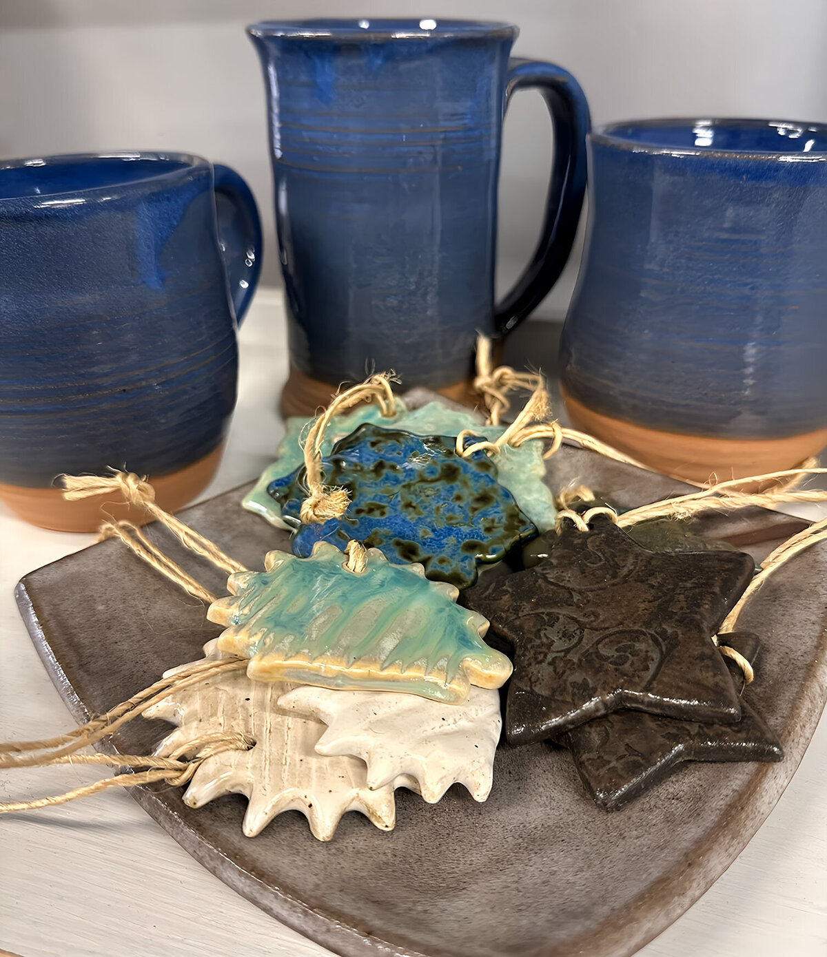 Appalachian Arts and Crafts ceramic ornaments and mugs