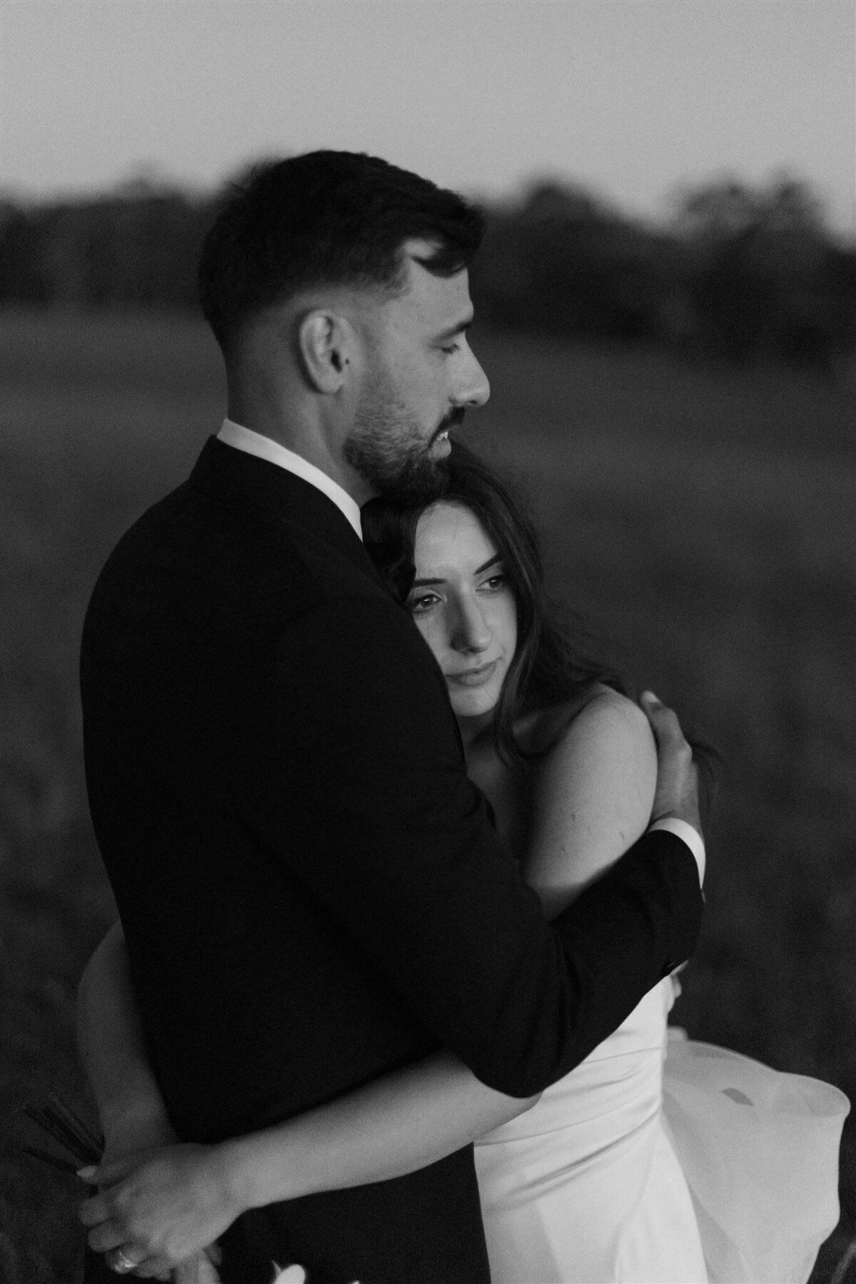 black and white image of bride and groom 