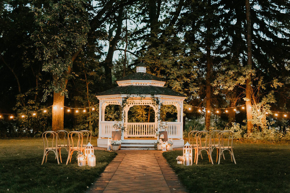 Gazebo at The Norland Historic Estate, a classic vintage wedding venue in Lethbridge, AB, featured on the Brontë Bride Vendor Guide.