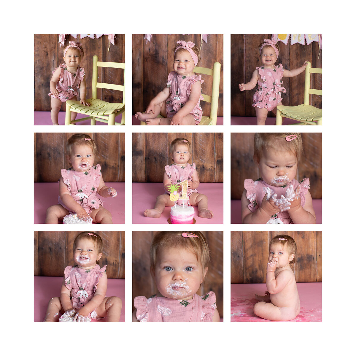 photo gird of 9 images showing a toddler dressed in pink during a cake smash photo session