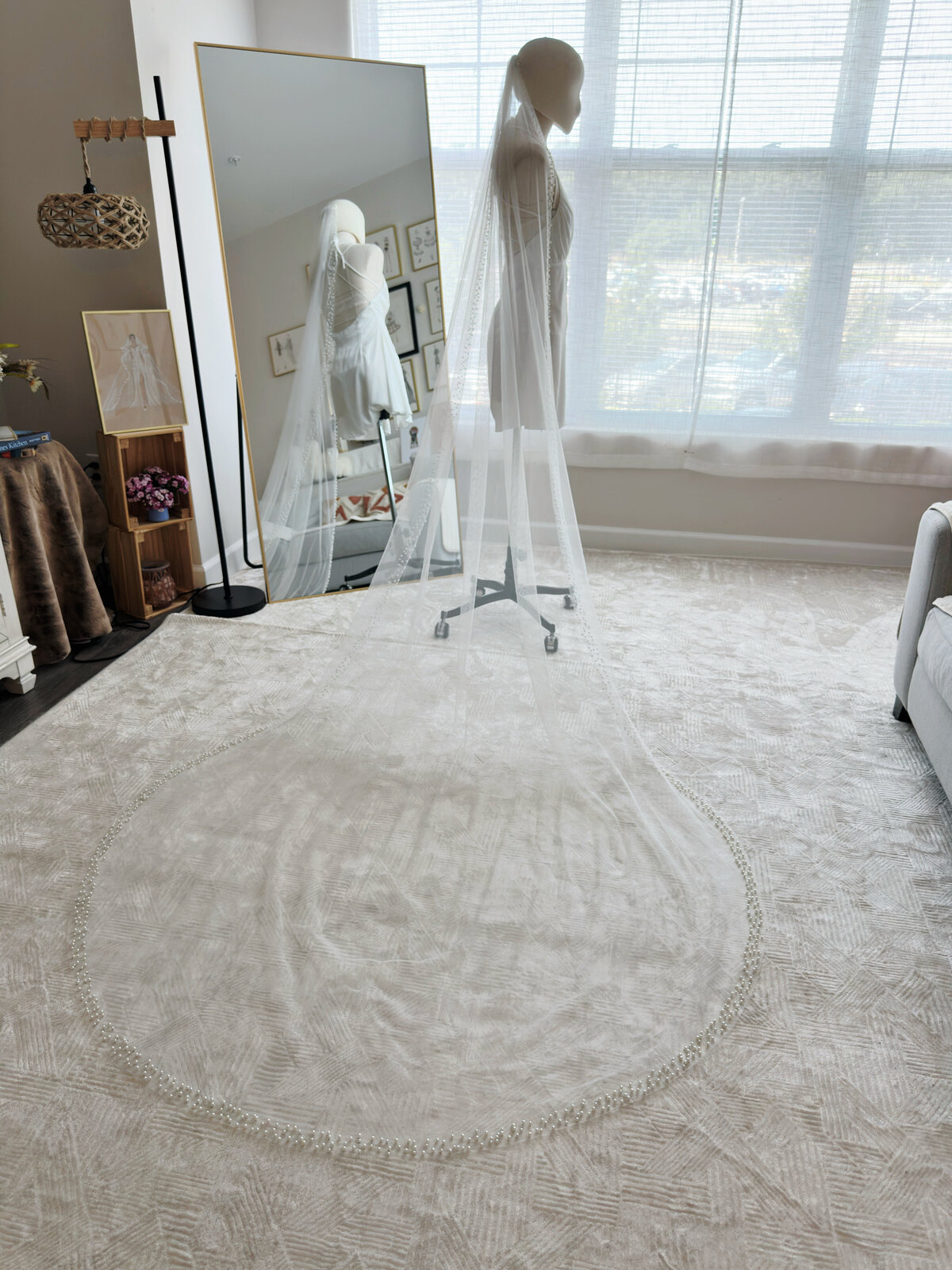 Bride wearing handmade beaded veil for soft elegant look
