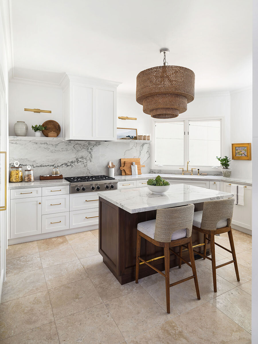 white kitchen wood island