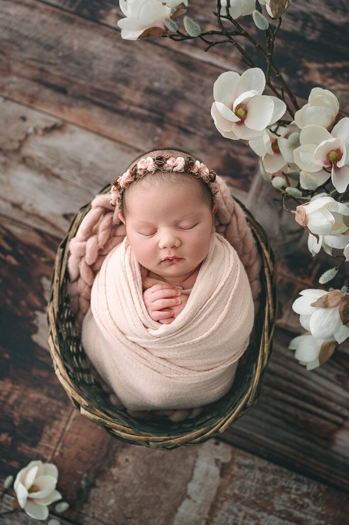 Baby girl in pink wraps laying in a cane basket with white magnolia flowers