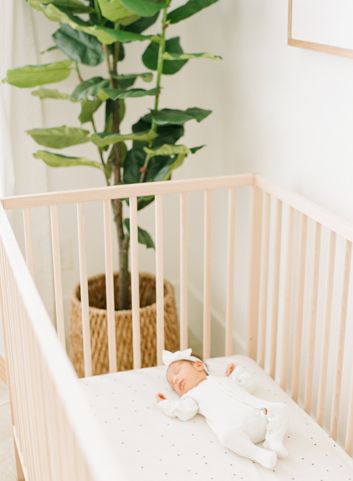 Newborn baby girl in a white bow lays in her ikea crib while sleeping during a Raleigh NC newborn portrait session. Photographed by newborn photographer Raleigh A.J. Dunlap Photography.