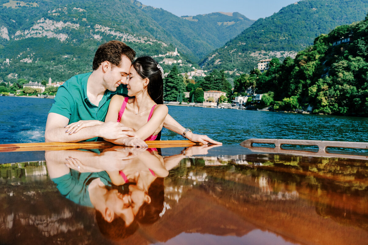 Boat ride engagement session on Lake Como in Italy photographed by Lake Como Photographer