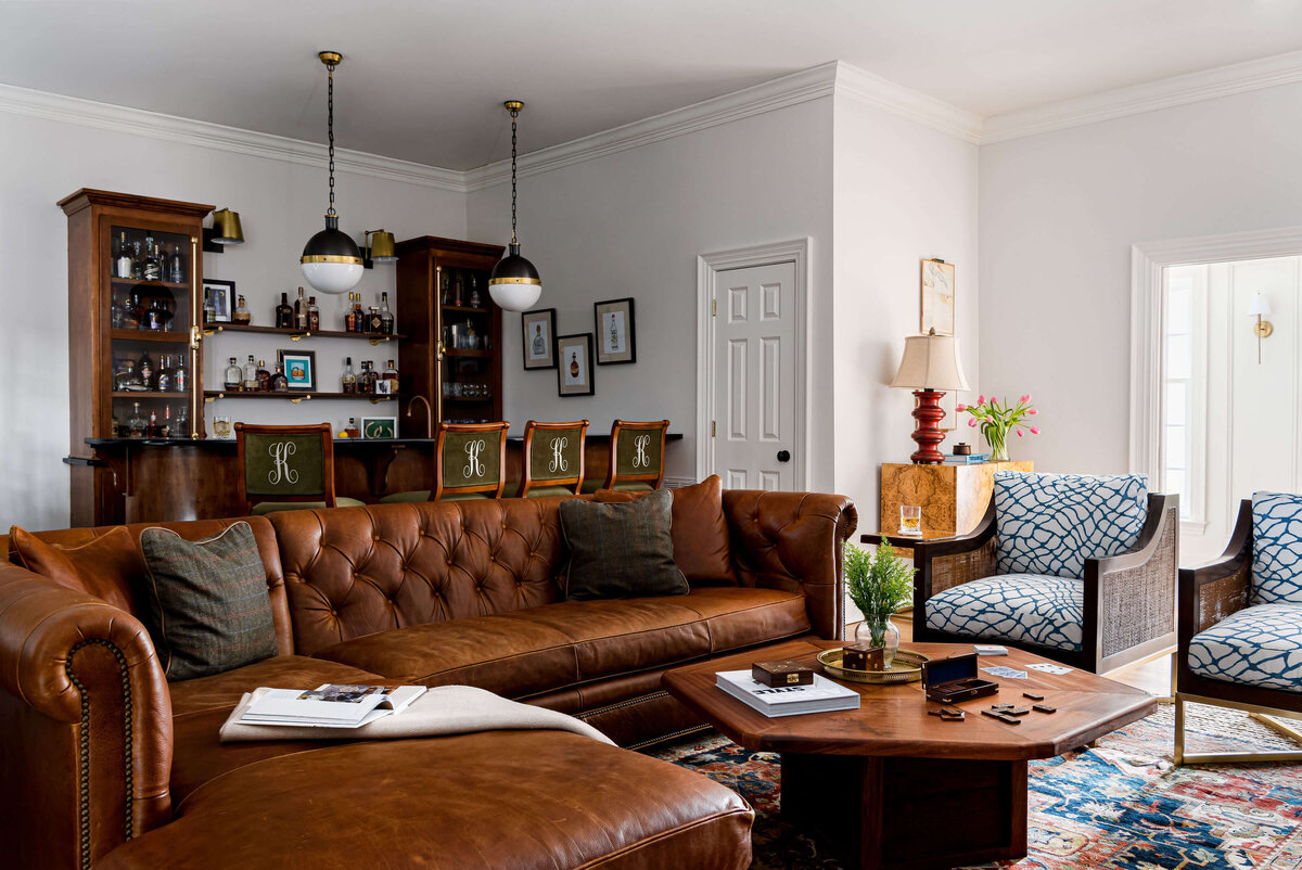 sweet southern home windmill brown leather couch hexagon coffee table living room