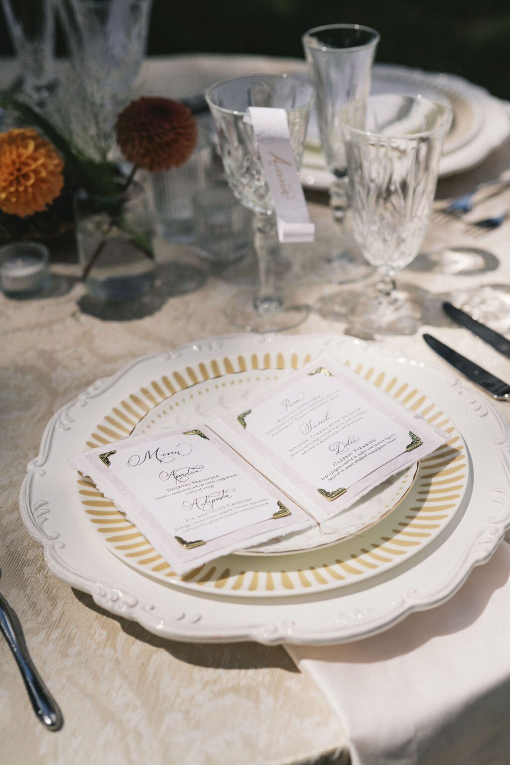 vintage book inspired brass corner menu _Heights House Fall Wedding_Katie Stoltz_Photography