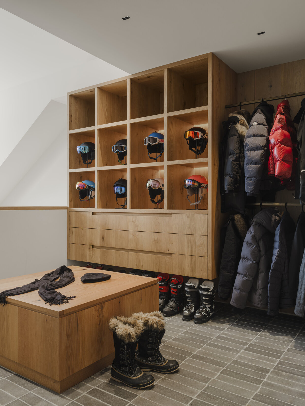 Custom wood cabinetry for mudroom in modern cabin designed by Los Angeles architect