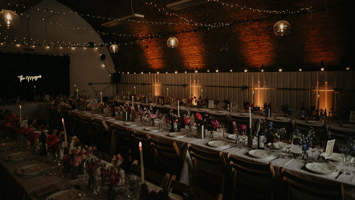 A wedding breakfast set up at AMP Studios in London. 