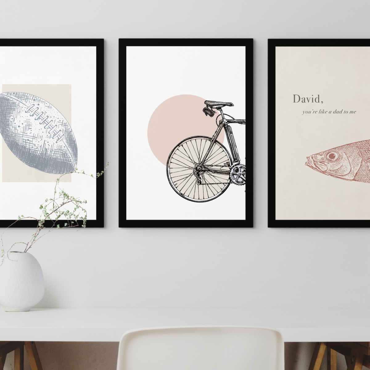 Image of three Art prints designed by TLPS - Rugby ball, bike and fish