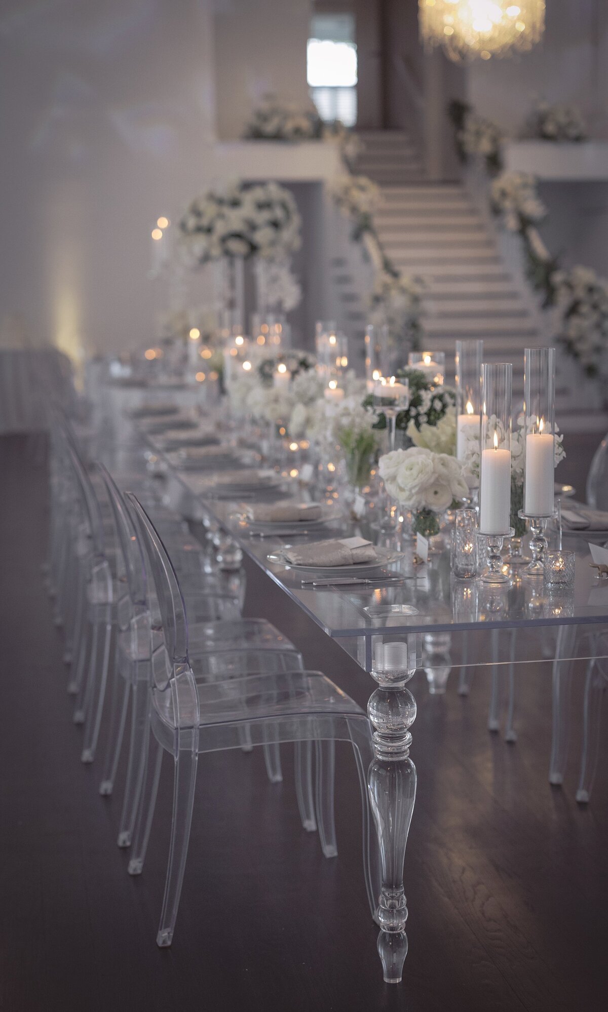 Modern clear reception decor by Stone Blossom at Belle Mer, Newport.