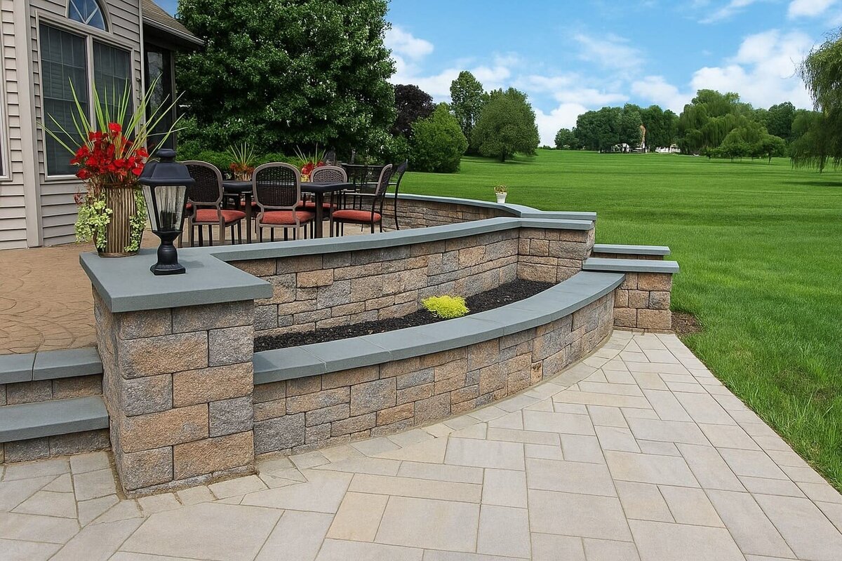 Outdoor living space with stone retaining wall, paver flooring, and black lantern lighting.