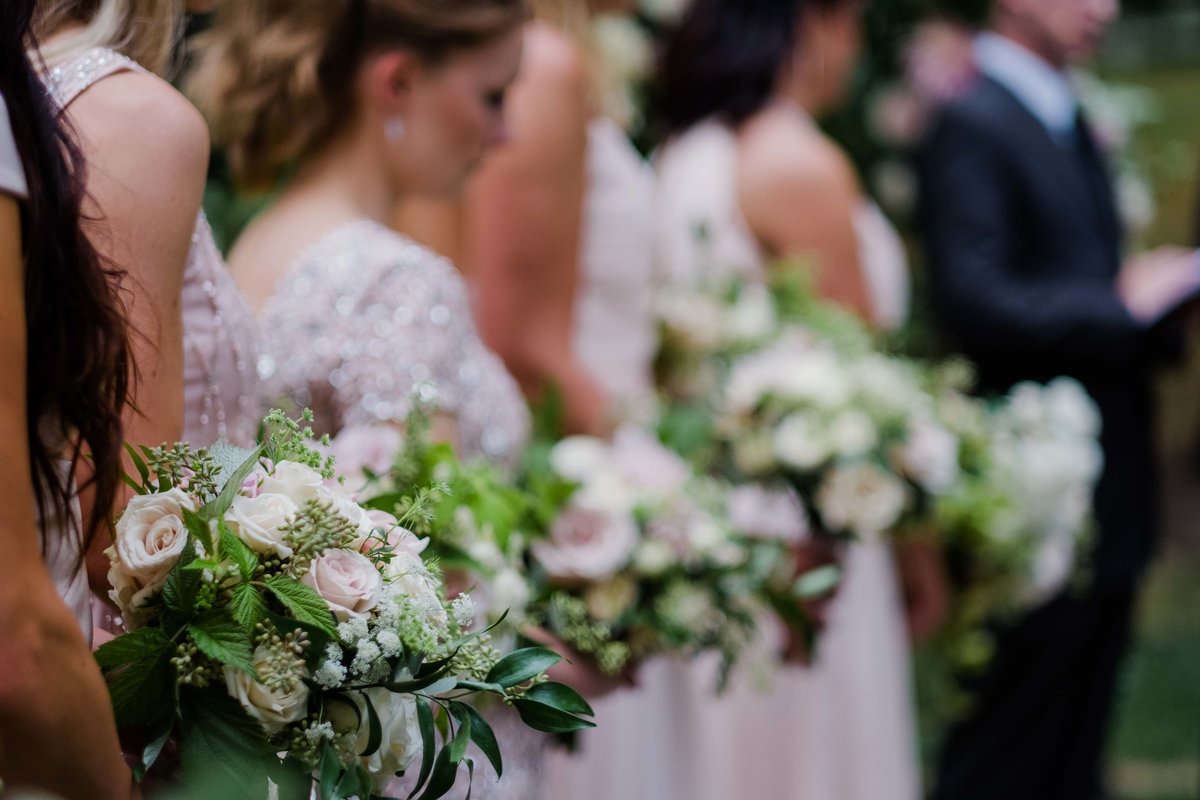 Luxury garden style bridesmaids bouquets or queen annes lace blush roses and lots of greens.