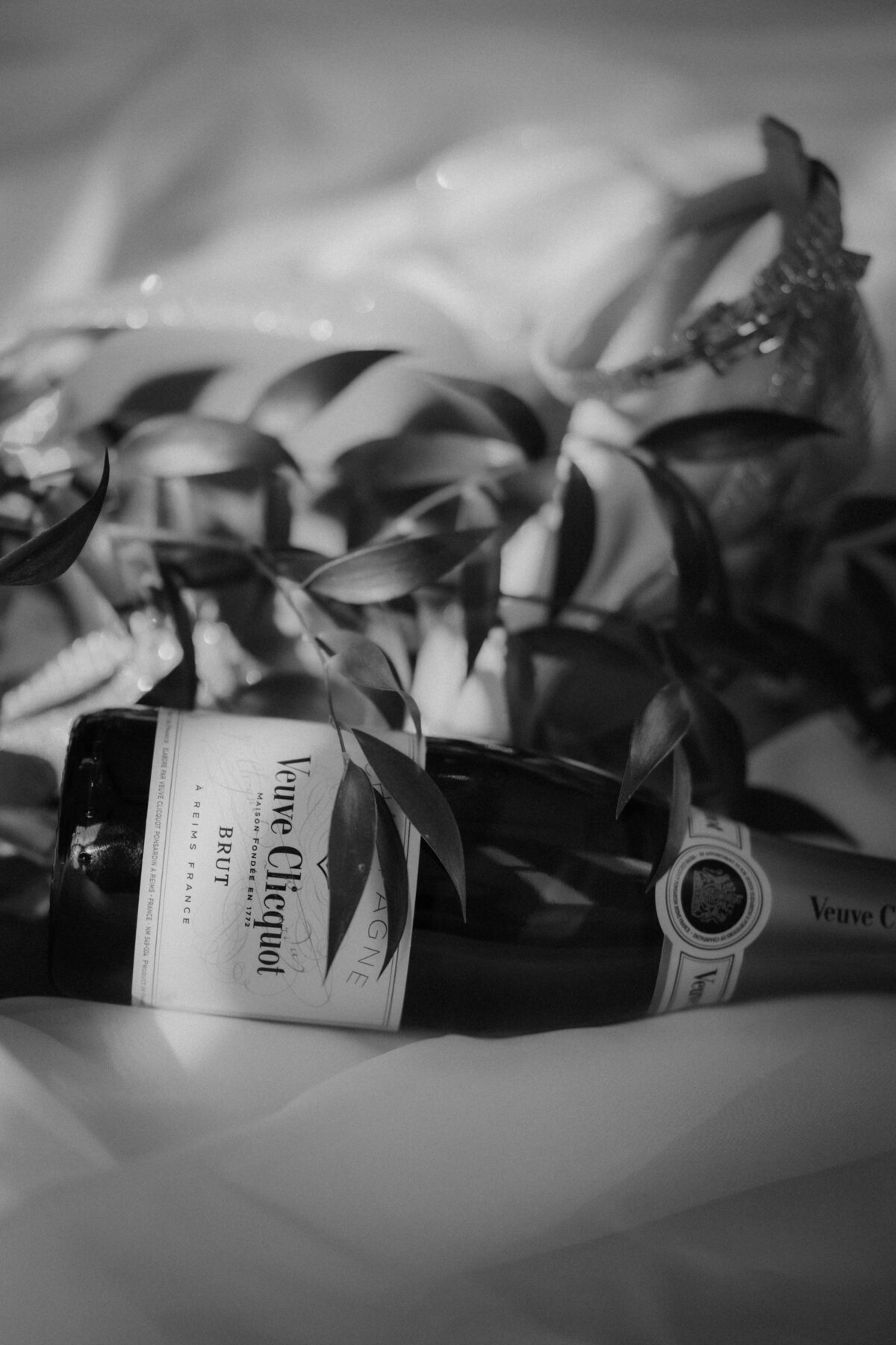 Classic elegance: Black and white image of a Veuve Clicquot champagne bottle.