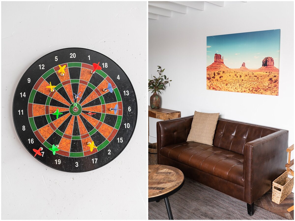 Dart board and couch in groom's room at White Shanty Venue