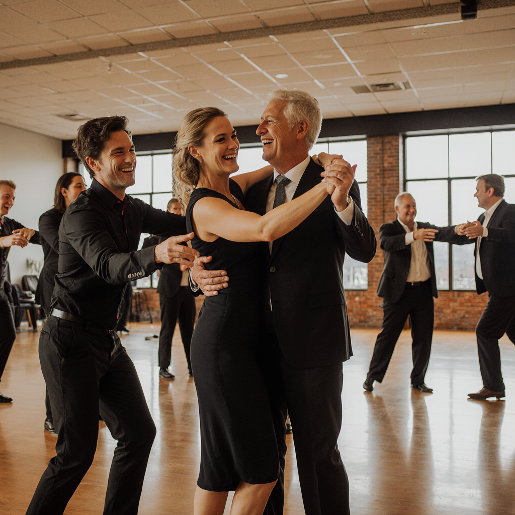 a_vibrant_candid_photo_of_happy_adults_ages_2550_dancing_together_as_couples_in_a_class_in_a_bright_xshfqmkiwf1rvae4xwd8_0