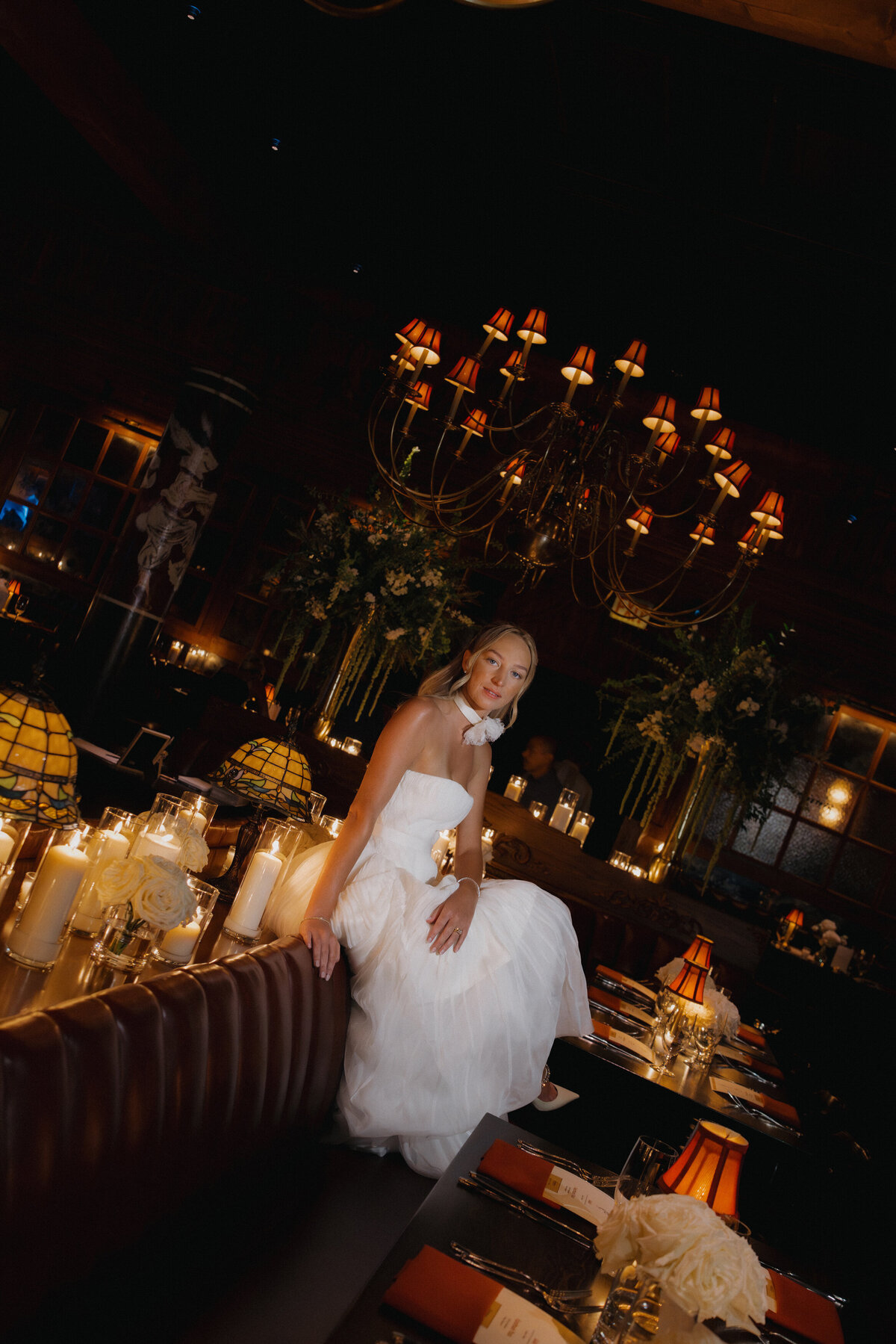Editorial wedding photography captures reception moments at Trivoli Tavern Chicago with Lauren Alatriste's fashion forward approach, showcasing celebration elegance while maintaining sophisticated magazine-worthy imagery and authentic wedding  emotion.