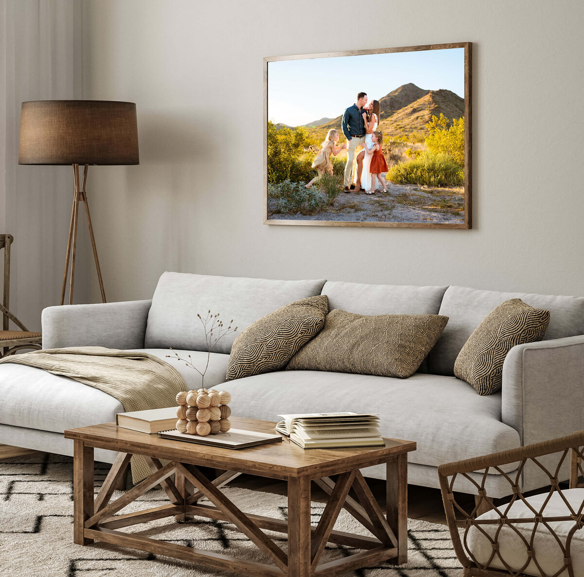 living room with 24x36 framed print over couchGorgeous, cool toned living room with 24x36 framed maternity print by Cactus & Pine Photography hung behind couch