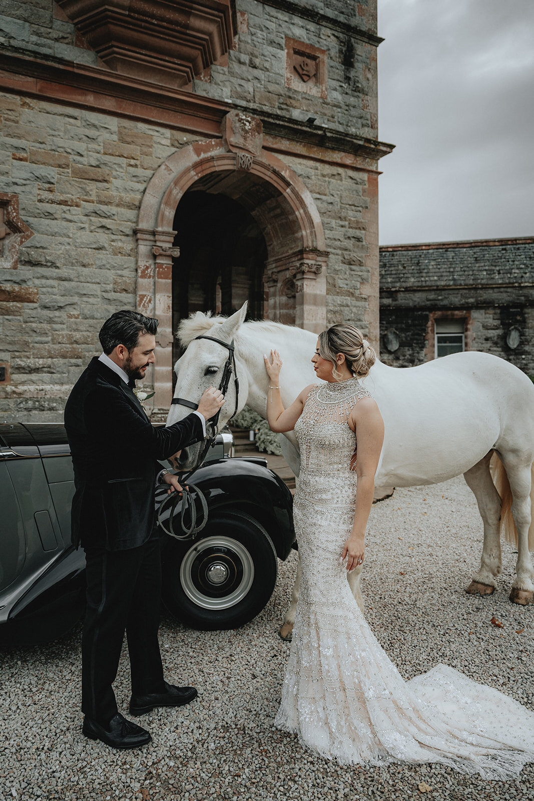 Bride and groom petting white horse