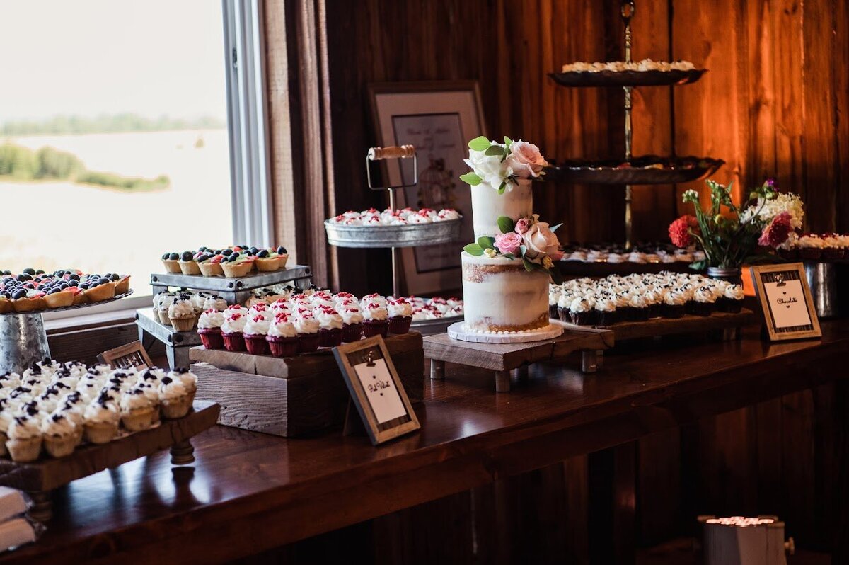 A wooden table holds an assortment of wedding desserts. In the middle is a two tier naked cake with pink and white roses, for the cake cutting. Surrounding it are stands full of different flavors of mini cupcakes, and fruit tarts. 