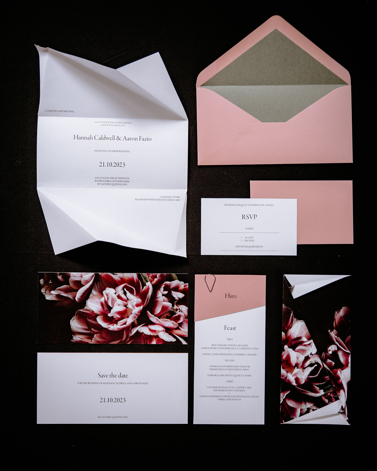 Wedding invitation suite with pink flowers and pink and green envelope with contemporary design