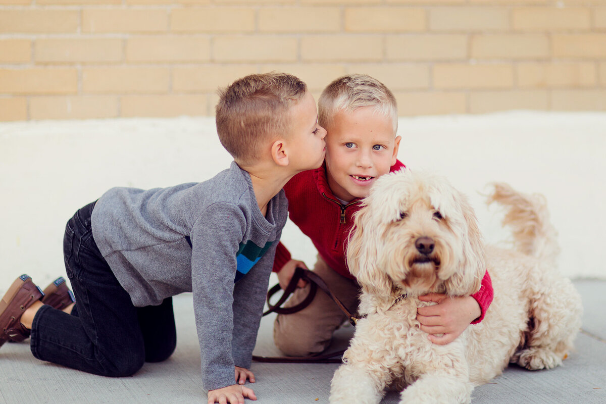 Boy is kissing his brother on the cheek, who is hugging their shaggy dog.