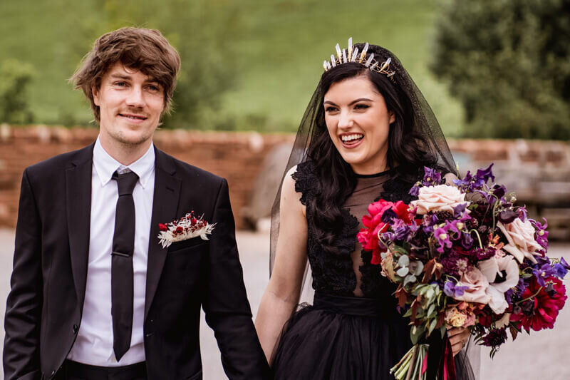 bride and groom in garden