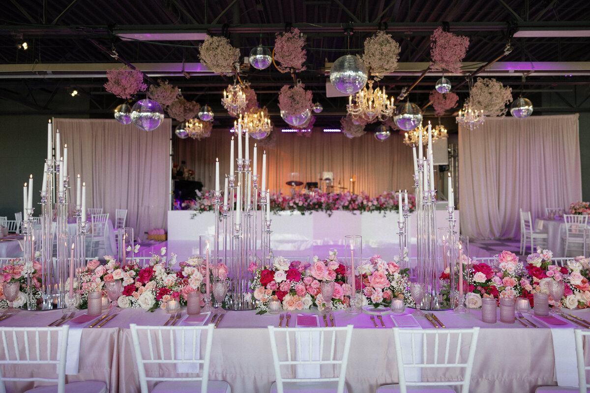 pink themed wedding reception decor